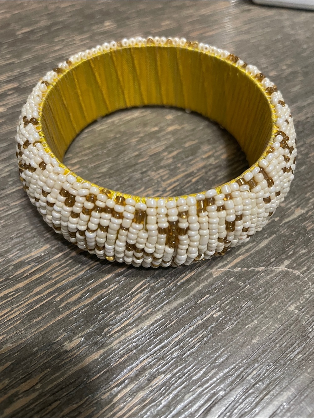 Handmade White and Gold Seed Bead Bangle Bracelet